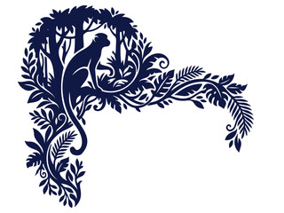 Fototapeta premium Dark blue silhouette of a monkey sitting in a tropical tree, ornate botanical corner frame with leaves and vines on white background