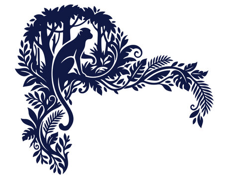 Dark blue silhouette of a monkey sitting in a tropical tree, ornate botanical corner frame with leaves and vines on white background