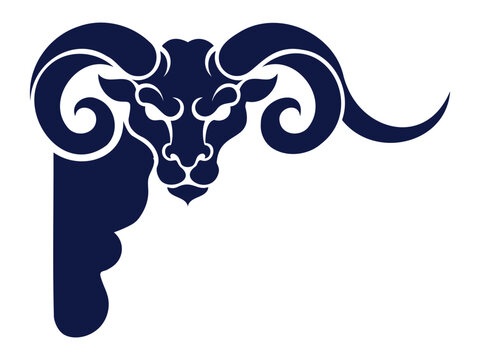 Dark blue silhouette of a ram head with large curled horns, stylized animal emblem isolated on a white background