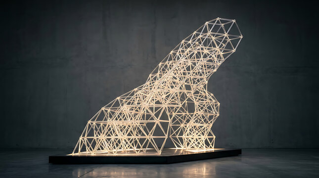 geometric light sculpture made of wire mesh structure on display in a studio