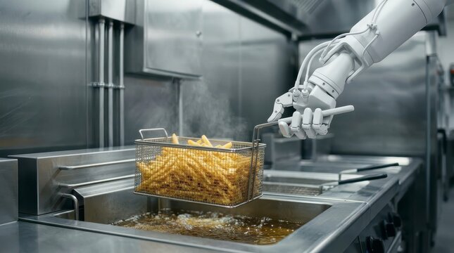 Robotic Arm Lifting Golden French Fries from Deep Fryer in a Modern Kitchen Setting