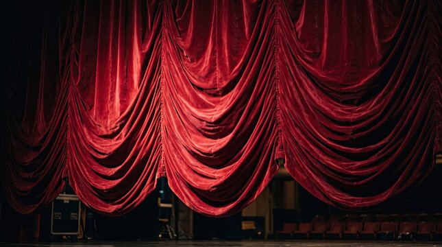 Rich dramatic red stage curtains are beautifully illuminated by bright spotlights creating a captivating backdrop for live performance arts events