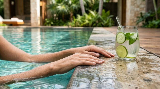 Relaxing Hands in a Spa Pool with Refreshing Lime Drink Surrounded by Lush Greenery in Tranquil Setting