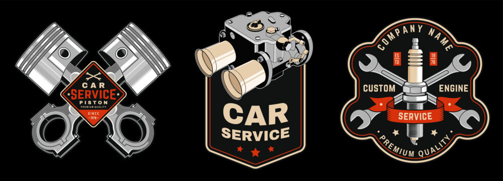 Vintage Automotive Repair Badge Collection with Pistons, Engine Components, Brake Discs and Garage Tools, Retro Auto Service Emblems for Mechanics, Workshops, Vehicle Maintenance, Apparel and Patches