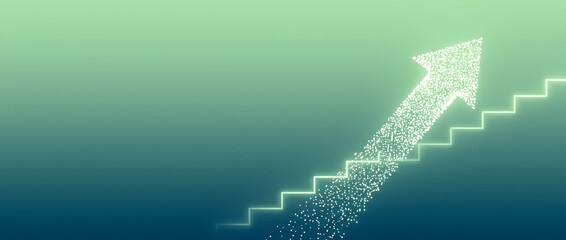 Digital arrow rising above a staircase made of glowing particles on a gradient green background