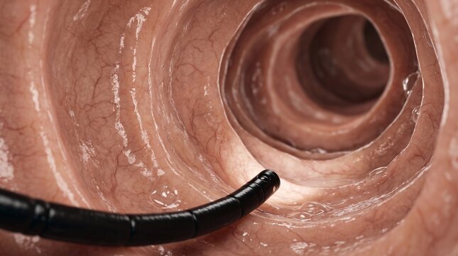 3D medical illustration of a colonoscope advancing through the intestinal lumen during a colonoscopy examination