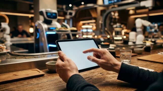 Customer Ordering Food Through Tablet In A Modern Restaurant With Robotic Service Technology Nearby