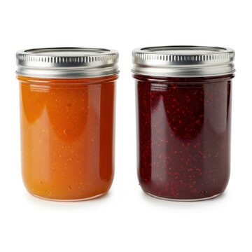 Two jars of jam with metal lids on white surface