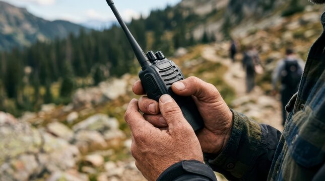 Person Holding a Two Way Radio While Hiking on a Scenic Mountain Path in a Forested Landscape with Fellow Adventurers
