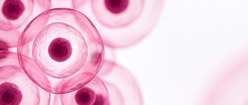 Microscopic view of biological cells with a central nucleus and pink membrane on a white background
