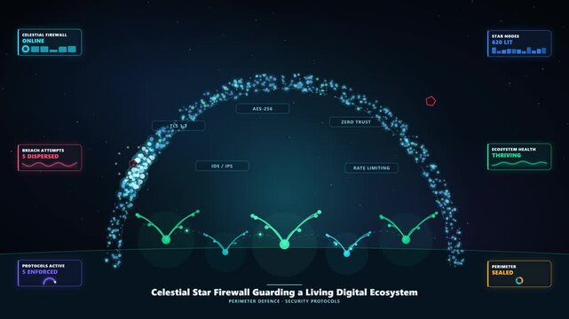 Dynamic Celestial Firewall Animation with Glowing Ecosystem for Cybersecurity and Network Defense