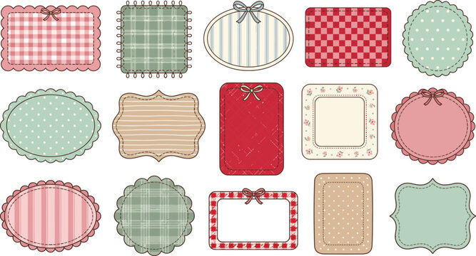 Collection of patterned fabric patches with decorative stitched edges