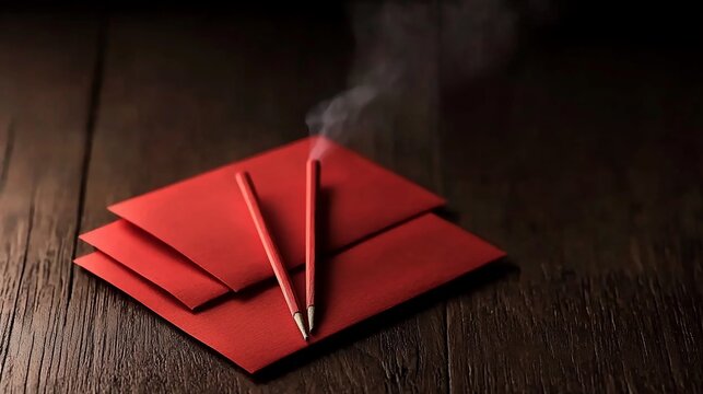 Red envelopes with pencils and smoke on wood.