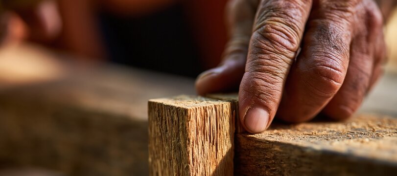 Hands fitting handcrafted mortise and tenon joint with detailed wood fibers