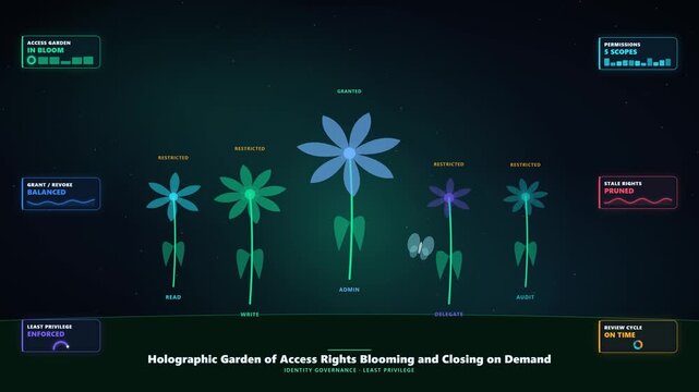Holographic Garden Animation with Glowing Flowers and Butterflies for IAM Governance Visuals