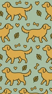 Cute cartoon pattern of dogs, bones, and leaves on green background