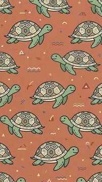 Cute Turtle Pattern on Warm Background with Geometric Shapes