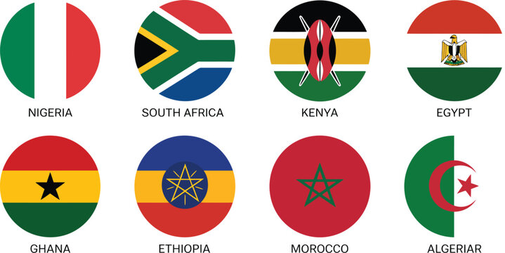African national flag, emblems, circular country symbols featuring colorful African flags for geography travel culture and international design projects.