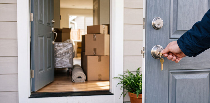 House moving and relocation concept with a key inserted in the front door of a new apartment showing cardboard boxes and furniture inside for property purchase or rental agreement