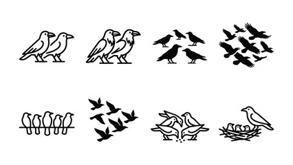 Fototapeta premium Set of Bird Silhouettes: A collection of minimalist black and white illustrations depicting various groups of birds, including pairs, flocks, and nesting families.