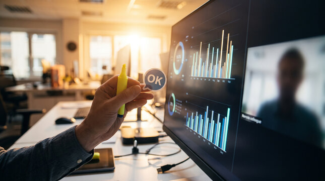 Data analyst reviewing business dashboard with OK sticker