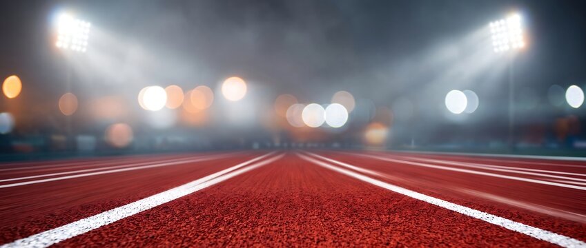 Empty red running track at a stadium at night illuminated by bright floodlights with bokeh background