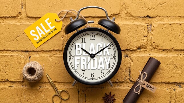 An old fashioned alarm clock with a bright yellow sale tag and a rolled parchment rests against a textured brick wall