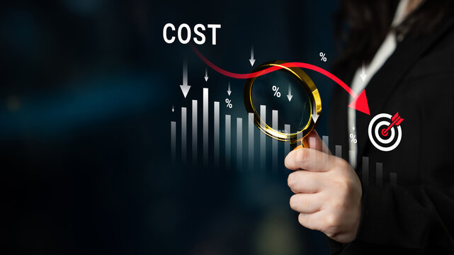 Business Analytics with Magnifying Glass and Cost Reduction Graph Indicators for Financial Planning and Strategy Optimization. Glyphic.