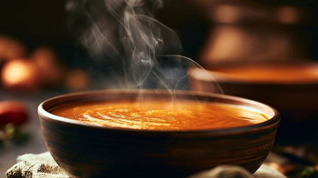A pumpkin soup background photographed from a low angle, emphasizing the rich orange soup and delicate steam rising above the bowl, dark blurred kitchen background, warm cinematic backlighting