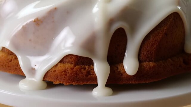 Slow motion close up pan of icing pouring over bundt cake on plate on kitchen counter during afternoon