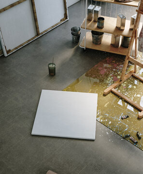 Canvas Mockup in Artist Studio, Scandinavian Interior, 3D Render