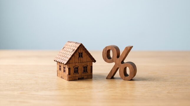 A tiny house model alongside a percentage sign illustrates concepts of mortgage rates home loans real estate investment and careful financial planning