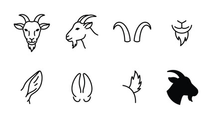 Obraz premium Goat Icons Set: A collection of stylized line art and silhouette icons depicting various aspects of a goat, including its head, horns, beard, ear, hoof, and tail.