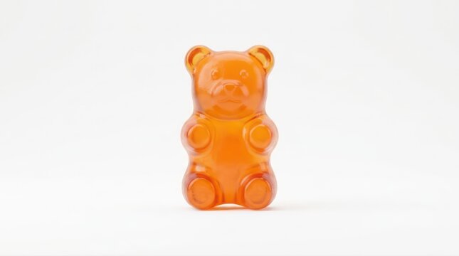 Orange gummy bear candy standing on white background