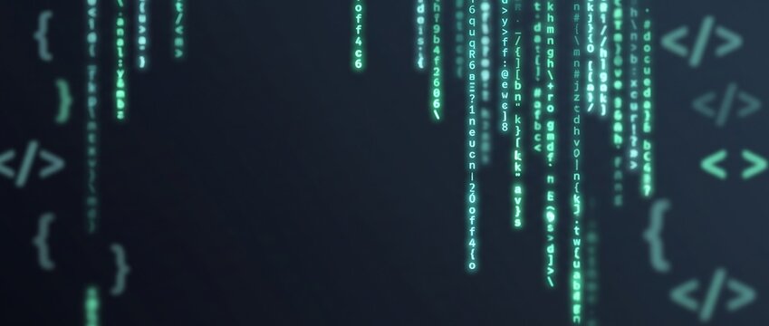 Green digital binary code streams and programming syntax symbols on a dark background
