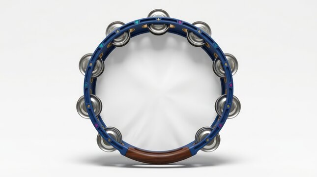 Modern blue percussion tambourine with wooden handle on white surface