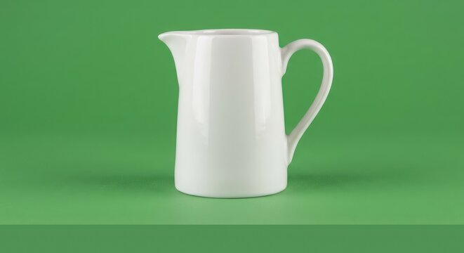 White ceramic milk pitcher stands on a solid green background