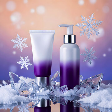 White and purple cosmetic tubes for skincare products stand gracefully amidst sparkling ice shards and delicate floating snowflakes against a beautiful soft gradient background that creates a truly wi