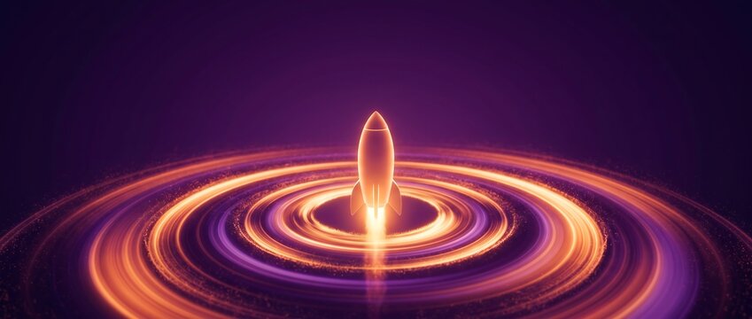 Glowing rocket ship launching into space surrounded by vibrant orange and purple light rings
