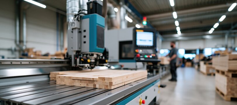 Technician operating multi - axis woodworking machine in modern furniture manufacturing facility