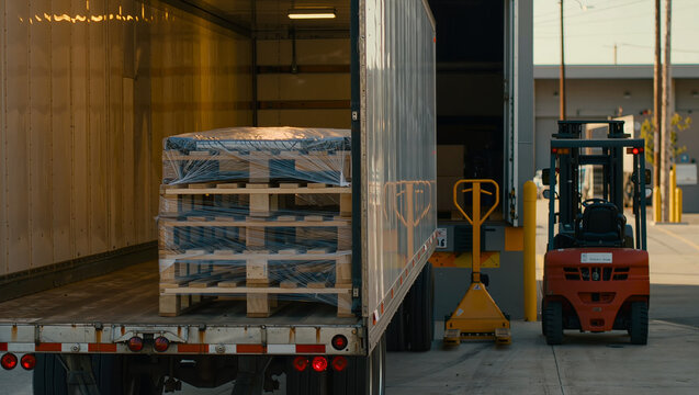 Forklift and pallet jack loading pallets into trailer at warehouse
