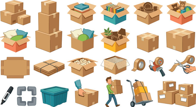 Moving house service elements cardboard boxes packaging supplies and logistics delivery flat vector illustration set.