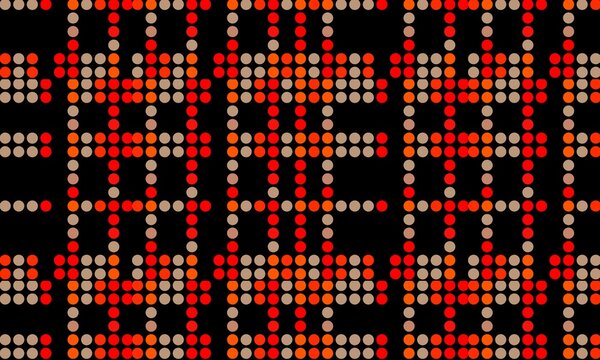 Seamless dot matrix pattern featuring plaid grid arrangements composed of red, orange, and beige circular dots on black.