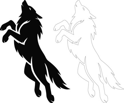 Black silhouette and white outline illustration of a wolf jumping or howling on a white background