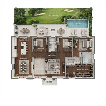 Architectural floor plan layout of a luxury villa with swimming pool