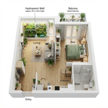 Top down isometric floor plan of a modern studio apartment with balcony garden