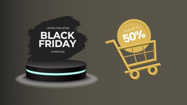 Black Friday promotional banner with golden shopping cart icon and fifty percent discount offer podium