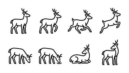 Fototapeta premium Deer Poses Icon Set: A collection of simple, elegant line art illustrations depicting a deer in various poses, including standing, walking, running, jumping, grazing, and resting.