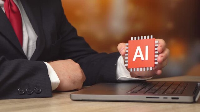 A red AI chip. Threat and loss of control. Technology failure, cybersecurity risk and artificial intelligence danger. Concept of malfunctions and errors.