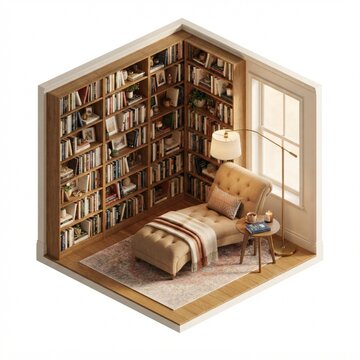 Cozy home library interior with bookshelves and a lounge chair
